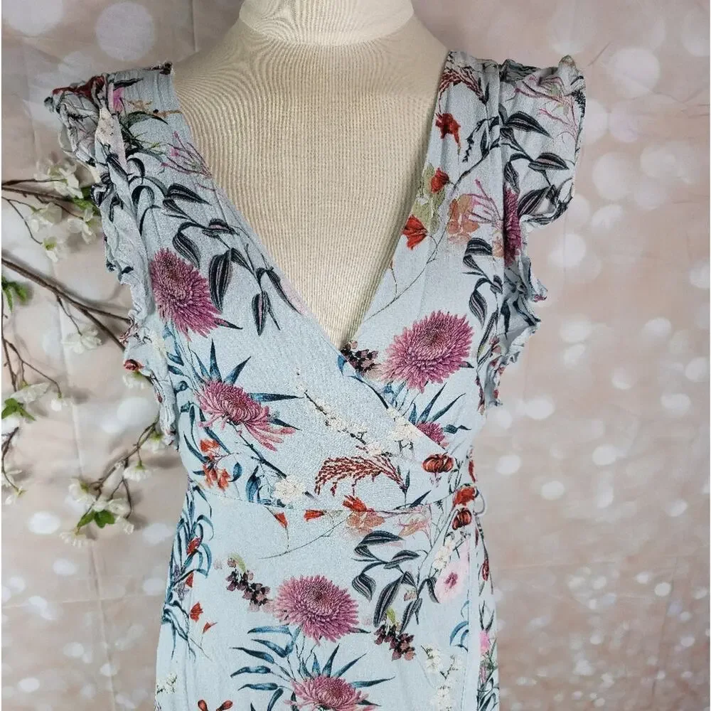 WILLOW & CLAY Blue Granny Floral Print Wrap Midi Dress Ruffle Sleeve Boho Chic